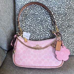 Coach Powder Pink Teri Signature Chain Shoulder Bag with Floral Charm Accent